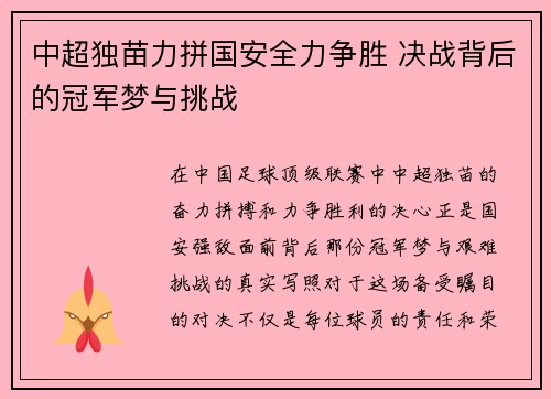 中超独苗力拼国安全力争胜 决战背后的冠军梦与挑战