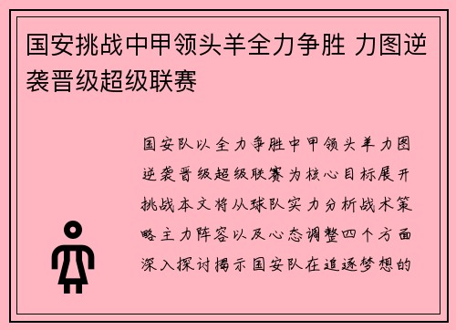国安挑战中甲领头羊全力争胜 力图逆袭晋级超级联赛